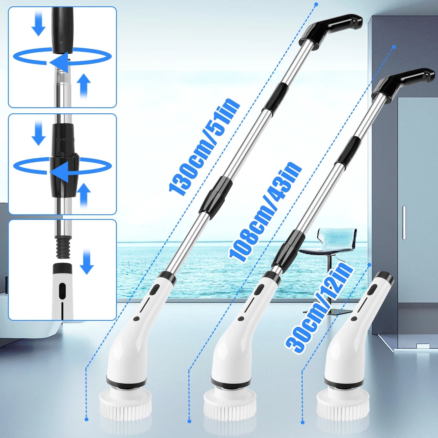 Electric Spin Scrubber, Powerful Cordless Cleaning Brush with Extension Long Handle, 8 Replaceable Brush Heads , Bathroom Scrub Brushes Shower Scrubber for Kitchen Tub Floor Car