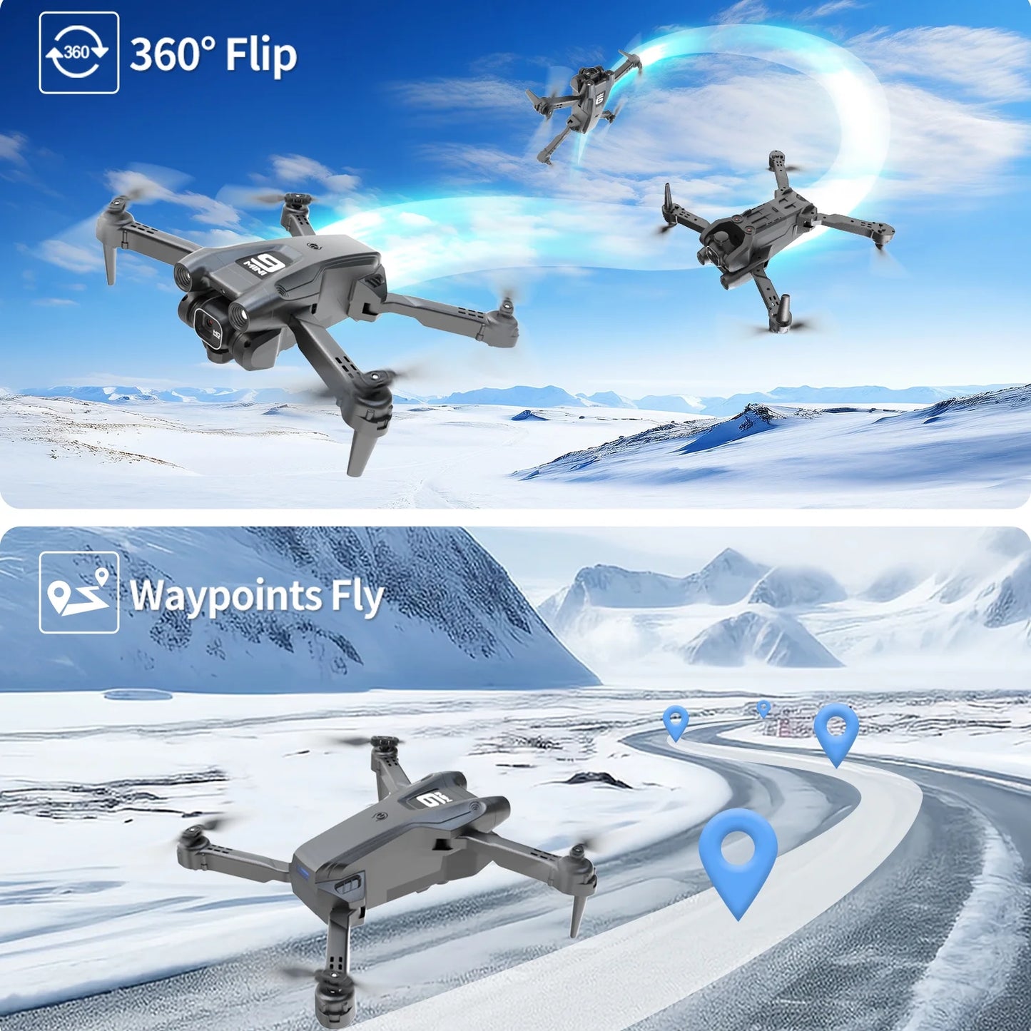 Foldable Drone, 1080P HD FPV Camera Wifi RC Quadcopter, 360° Flip, Waypoint Flight, for Kids Adult and Beginners Black,2 Batteries