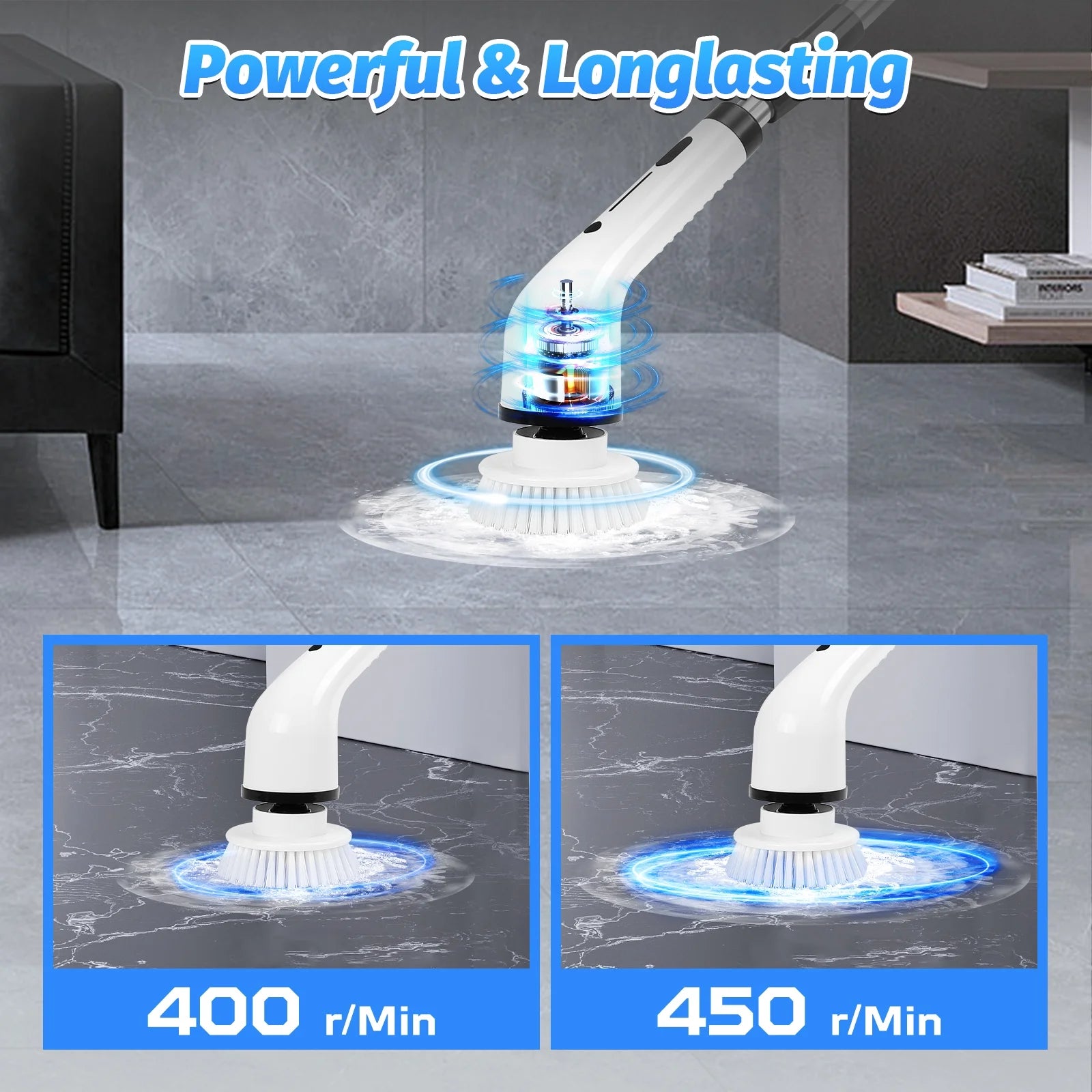 Electric Spin Scrubber, Powerful Cordless Cleaning Brush with Extension Long Handle, 8 Replaceable Brush Heads , Bathroom Scrub Brushes Shower Scrubber for Kitchen Tub Floor Car